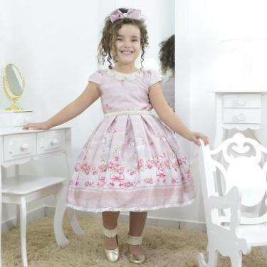 Imagem de Vestido Infantil Rosê Rosa Seco, Pássaros E Bordados De Perolas - Mode