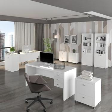 Imagem de Conjunto Home Office 2 Escrivaninhas, 2 Estantes, 3 Gaveteiros e 1 Balcão Tecno Mobili Branco
