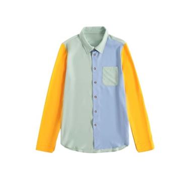 Imagem de Milumia Camisa masculina casual de botão com bolso colorblock manga comprida gola blusa tops, Verde, azul, amarelo, M