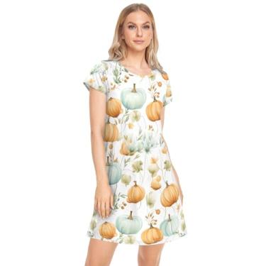 Imagem de CHIFIGNO Camisola feminina de manga curta estampada camisolas de pijama macio para mulheres, Abóboras e folhas de outono em aquarela, P