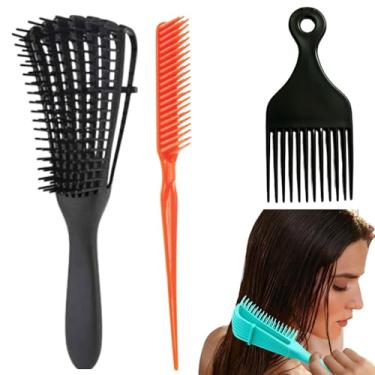 Imagem de Kit Escova de Cabelo Cacheado Polvo + Pente 3 Fileiras para Fitagem Finalizações + Pente Garfo Cachos - RJI Utilidades