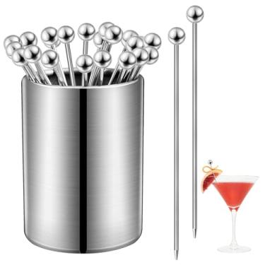 Imagem de Supkiir Kit de palitos e suporte de coquetel de metal, 25 peças, espetos reutilizáveis de aço inoxidável, palhetas de martini para bebidas, coquetéis, sangrentos, sanduíches, churrasco, lanches,
