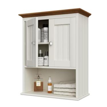 Imagem de Treocho Armário de parede de madeira, armário de remédios de banheiro com portas e prateleira ajustável, armário rústico montado na parede para banheiro, sala de estar, cozinha, branco e marrom