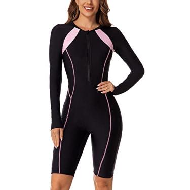 Imagem de Maiô feminino de uma peça com zíper colorido, roupa de banho atlética, secagem rápida, stretch Rash Guard na altura do joelho