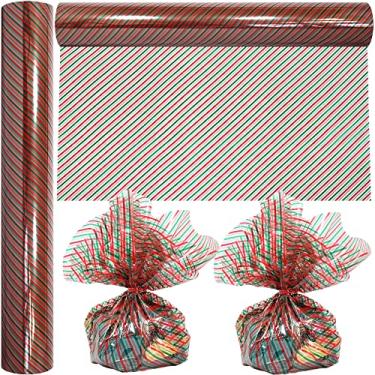 Imagem de AnapoliZ Rolo de celofane de Natal | 3,5 m de comprimento x 40,6 cm de largura | Listras de Natal transparentes de 2,3 mil celofane | Papel de embrulho de presentes, cestas, guloseimas | Rolo de violoncelo com listras vermelhas e verdes
