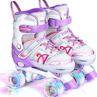 Imagem de Patins para crianças, patins de brilho, patins ajustáveis de 4 tamanhos com rodas iluminadas para meninas, adolescentes, patins ao ar livre para iniciantes e avançados | Roxo, M - 13C-3Y, (Médio,