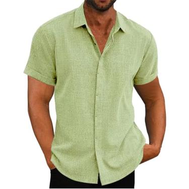 Imagem de Aivtalk Camisas masculinas de verão de linho de manga curta com botões para acampamento de verão na praia, Verde fruta-001, M