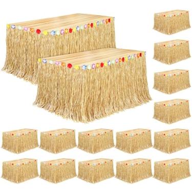 Imagem de Fovths Pacote com 16 saia de mesa havaiana natural de 2,5 m x 75 cm, saia de mesa havaiana para decorações de festa havaiana tropical, festa à fantasia, amarelo palha