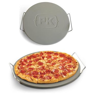 Imagem de PK Grills Pedra redonda de pizza de 35,5 cm para forno, panela de cerâmica para churrasqueira, tortas, pastelaria, pão, pedra de pizza para grelha, resistente a choques térmicos, grande, inclui rack,