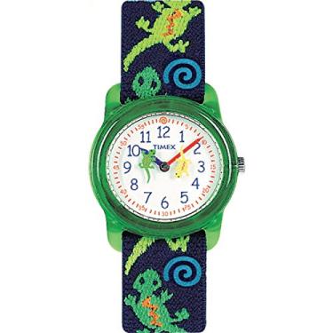 Imagem de Timex Time Machines® Relógio infantil de tecido elástico com listras azuis/amarelas de 29 mm, Lagartixas verdes, One Size, Alça