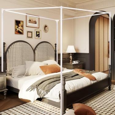 Imagem de Estrutura de cama King Canopy, tamanho de metal de aço inoxidável, estrutura robusta para decoração de quarto de madeira, branca