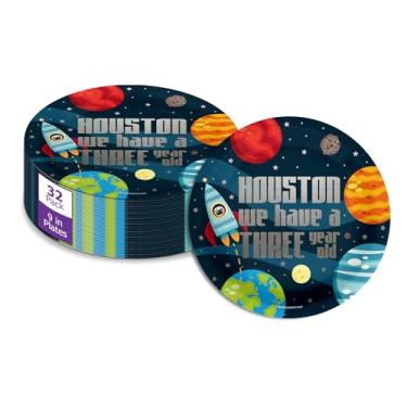 Imagem de Houston We Have a Three Year Old Space Party Supplies - Pratos de festa de terceiro aniversário com espaço de 32 peças - Festa de 3º aniversário para meninos - Foguete grande pratos de 23 cm a granel