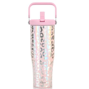 Imagem de Zukro Copo de 1,5 l com canudo flip, à prova de vazamento, isolado a vácuo com alça na tampa, cabe no suporte de copo, sem suor, mantém frio por 30 horas, leopardo rosa