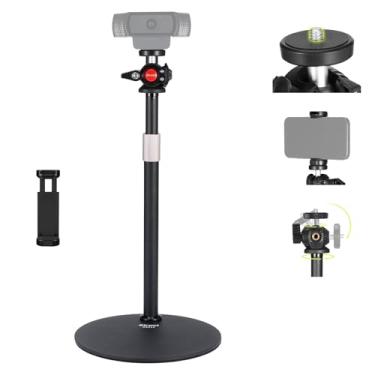 Imagem de OTREST Suporte de webcam para mesa com suporte de telefone, cabeça esférica de 360°, rosca de 0,6 cm, compatível com Logitech BRIO C920, suporte de webcam de mesa com base pesada ajustável em altura