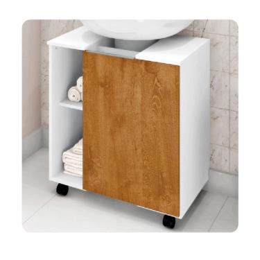 Imagem de Gabinete Armário Banheiro Pia De Coluna Pequin - Branco Amadeirado