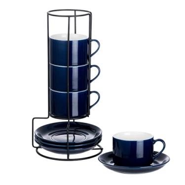 Imagem de Meichu Copos de cappuccino empilháveis de porcelana de 227 g com pires e suporte de metal, conjunto de 4 xícaras de café para expresso, bebidas de café especiais, latte, americano e chá - azul