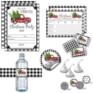 Imagem de Amanda Creation Pacote de festa de caminhão de Natal xadrez de búfalo preto super luxuoso, inclui 20 convites de preenchimento com envelopes, 20 cartas de jogo mais 2 tamanhos de adesivos e etiquetas