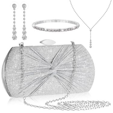 Imagem de Blosssound Conjunto de joias de 4 peças de bolsa clutch prata para mulheres, inclui bolsa de mão de prata, colar de cristal, brincos, pulseiras para acessórios de festa noturna de casamento nupcial,