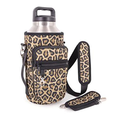 Imagem de AJLTPA Suporte para garrafa de água de 1,8 litro com alça e 2 bolsos, bolsa para garrafa de água compatível com Yeti & RTIC Jarros de 1,8 litro, Hydro Flask de 1,8 g (leopardo clássico)