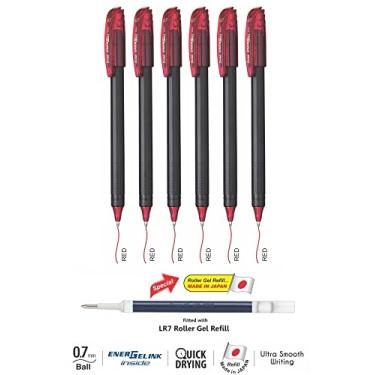 Imagem de Pentel Energel Caneta de gel com ponta de metal de 0,7 mm, pacote com 6, cor vermelha com marcador/marca-texto Luxor grátis, 1 caneta