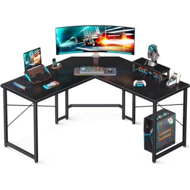 Imagem de AODK Mesa de jogos em forma de L, mesa de canto de computador, mesa de jogos de PC com suporte grande para monitor elevador para escritório em casa, estação de trabalho resistente, preta