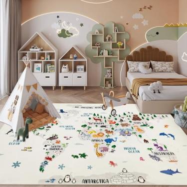 Imagem de Lacomfy Tapete infantil para brincar com animais, 1,5 x 2,3 m, grande, mapa-múndi, tapete para quarto, sala de aula, sala de jogos, macio para meninos e meninas, branco