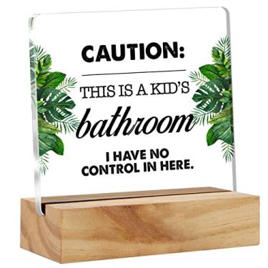 Imagem de Citação de banheiro infantil Caution This is a Kid's Bathroom Desk Decor Acrylic Desk Sign Kids Restroom Toilet Acrylic Plate Home Office Desk Shelf Decoration 12 cm x 12 cm
