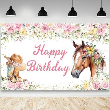 Imagem de AIBIIN Pano de fundo de aniversário de cavalo para menina vaqueira ocidental fundo fotográfico sela rosa floral decoração de festa de aniversário banner adereços de estúdio fotográfico 179,8 x 110 cm
