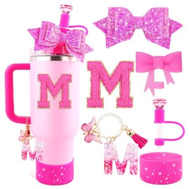 Imagem de Lingdeer Conjunto de acessórios de copo rosa rosa para copo Stanley de 850 g e 1,134 g com alça, pingentes de letras, capas de canudo de arco e diamante, bota de silicone com glitter, adesivo