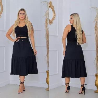 Imagem de Saia Midi Gode Cintura Alta Rodada Em Viscolinho - PRETO - CLICK TUDO,