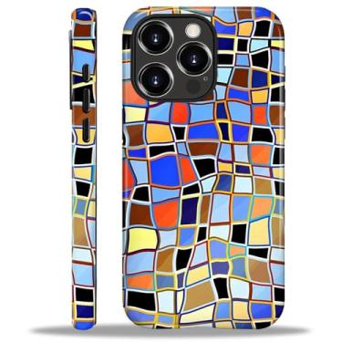 Imagem de Capa compatível com iPhone 16 Pro Max, capa rígida híbrida de policarbonato de 2 camadas + capa protetora de silicone, mosaico geométrico colorido, resistente a arranhões e à prova de choque para