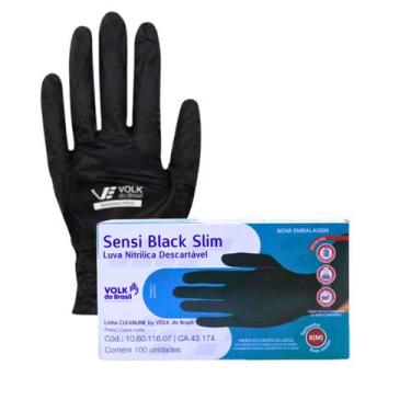 Imagem de Luva nitrilica preta descartável sem pó sensi black slim volk - VOLK D