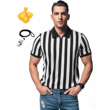 Imagem de ChinFun Camiseta masculina oficial preta e branca listrada árbitro Pro Ref uniforme manga curta árbitro para basquete futebol futebol, Gola de manga curta - bandeira de penálti e apito, M