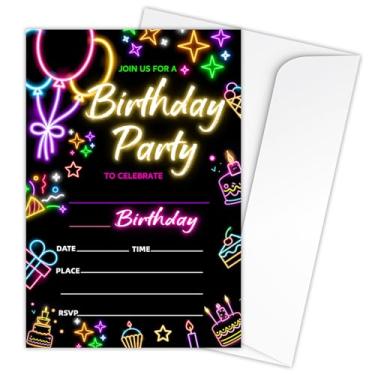 Imagem de Zodvery Cartões de convites de festa de aniversário neon - suprimentos de festa neon brilhantes para meninos e meninas - Conjunto de 20 convites de festa de aniversário e 20 envelopes/B13