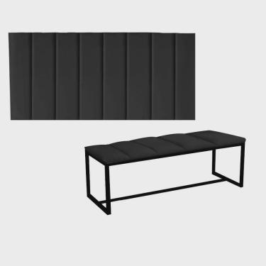 Imagem de Kit Painel Carla e Calçadeira Industrial 195cm King Size Box Ferro Preto Suede Preto - Ahz Móveis