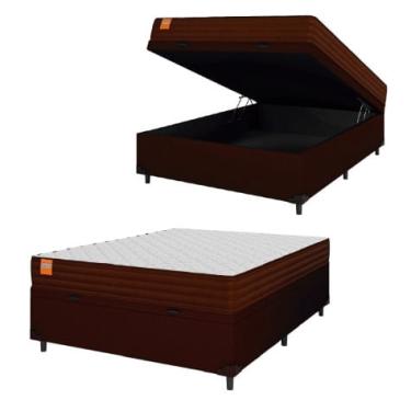 Imagem de Cama Box Baú Casal Colchão Molas Ensacadas Qatar 138x188x63cm Marrom / Branco - Suporta até 200Kg por Pessoa