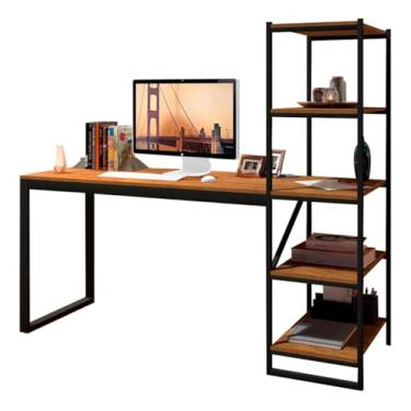 Imagem de Mesa Escrivaninha Home Office Fit Prateleiras Pés Em Aço Escritório Estilo Industrial Nichos Gaveta Cor Canela