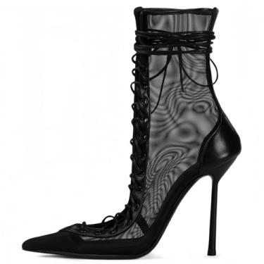 Imagem de USRUNOE Sandálias femininas de malha bico fino salto alto com cadarço botas de verão botas de dança de salão botas de dança de salão sexy bico fechado, Preto, 40