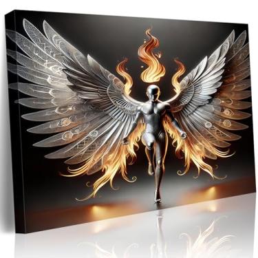 Imagem de Arte mural de parede de anjo de metal 3D, pôster futurismo, Cybernetics, Wing Warriors, imagens impressas em tela, arte de robô de ficção científica com asas de fogo, decoração de galeria de fantasia