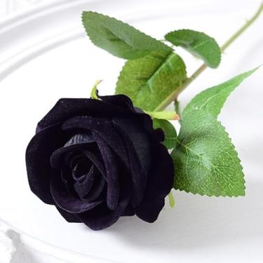 Imagem de 50 peças de rosas artificiais, flores artificiais a granel, flanela realista, rosas artificiais com caule, adequado para decoração de casamento, aniversário de casamento, buquê de noiva DIY (preto, 50