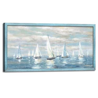 Imagem de Arte de parede do oceano emoldurado para banheiro: paisagem marítima abstrata decoração de imagem de madeira veleiro impressão náutica arte mar azul pintura à vela para quarto, sala de estar, casa