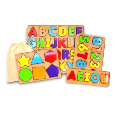 Imagem de Kit Brinquedos Educativos Madeira MDF | 4 em 1 | Alfabeto, Números, Vogais e Formas | Didático e Seguro