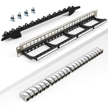 Imagem de PBAEGAV Patch Panel 24 portas com conector Keystone Cat7 STP Rack de cabos frontal Gerenciamento inteligente de cabos para montagem em rack de 48.3 cm blindado (conector Keystone CAT7 blindado)