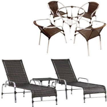 Imagem de Kit Jogo de 4 Cadeiras e Mesa Floripa em Alumínio Com 2 Espreguiçadeiras Roma regulável e Trama
