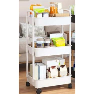 Imagem de Carrinho Organizador Multiuso 3 Prateleiras Ganchos Cozinha (Branco)