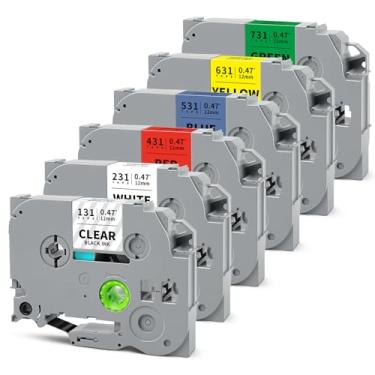 Imagem de HUIMAZJIA Pacote com 6 12 mm 0,47 laminado multicolorido compatível com Brother Label Maker Tape P Touch Tze Tz Label Tape 12 mm 0,47 Tze-231 para PT-H110 D210 D220 PT-H103W, transparente/branco