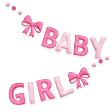 Imagem de Laço rosa decoração de chá de bebê pré-amarrado placa de bebê menina com laço rosa faixa bola de feltro para bebê doce menina It's a Girl Welcome Home Coquete chá de bebê festa berçário casa lareira