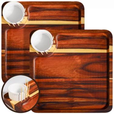 Imagem de Kit 2 Gamelas Petisqueira de Madeira Nobre Marítima Teca com Ramekim de Polietileno Não Quebra Tabua Frios Queijos Petiscos Quadrada