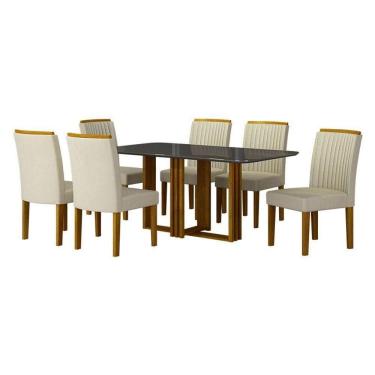 Imagem de Mesa De Jantar Jade 160x80 Freijó Chumbo Com 6 Cadeiras Freijó Joli Palha - Leifer Móveis