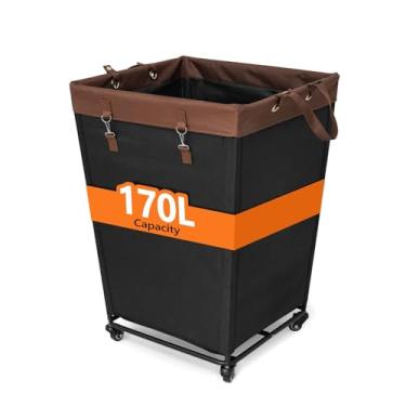 Imagem de Cesto de roupa suja com rodas, cesto de roupa grande com moldura de aço e saco de roupa de lona removível, cesto de pano sujo para casa, armário, dormitório, banheiro, lavanderia, preto, 170L